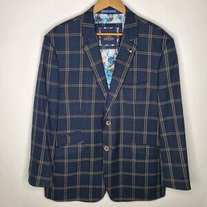 House Of Cavani Mens Blue Tan Plaid Sports Coat Size EU 56 2 Button Noch Neck